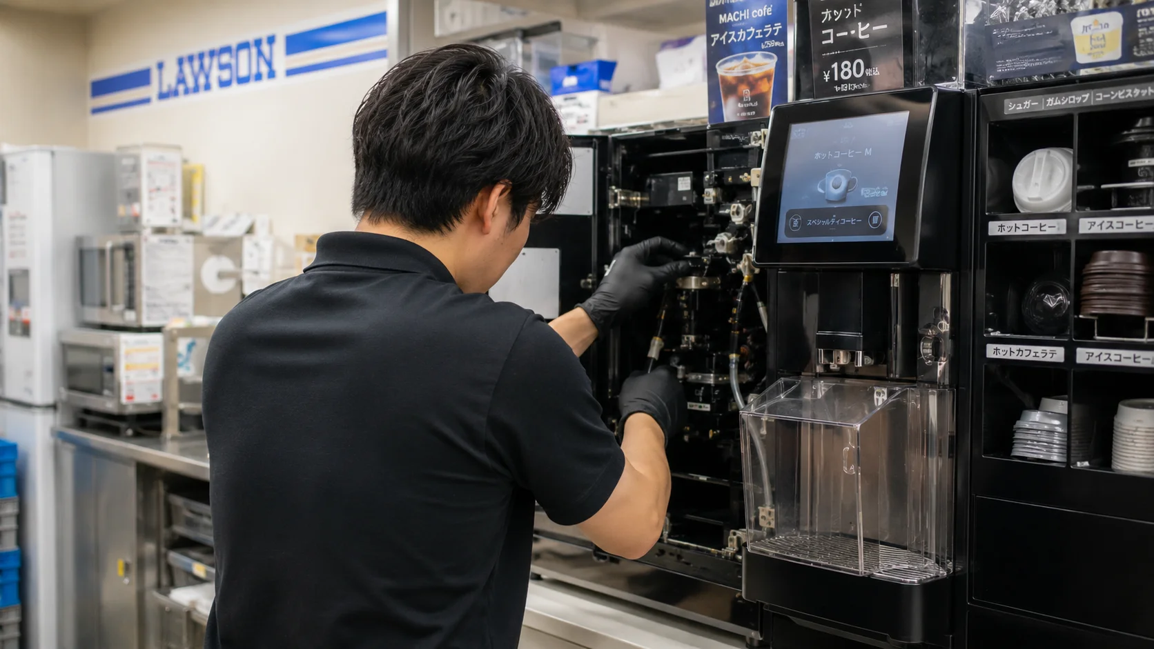 コーヒーマシンの保守点検作業